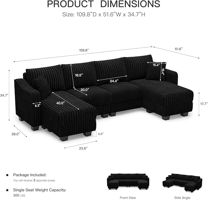 Belffin U Shaped Couch with Reversible Chaises Sectional Couches