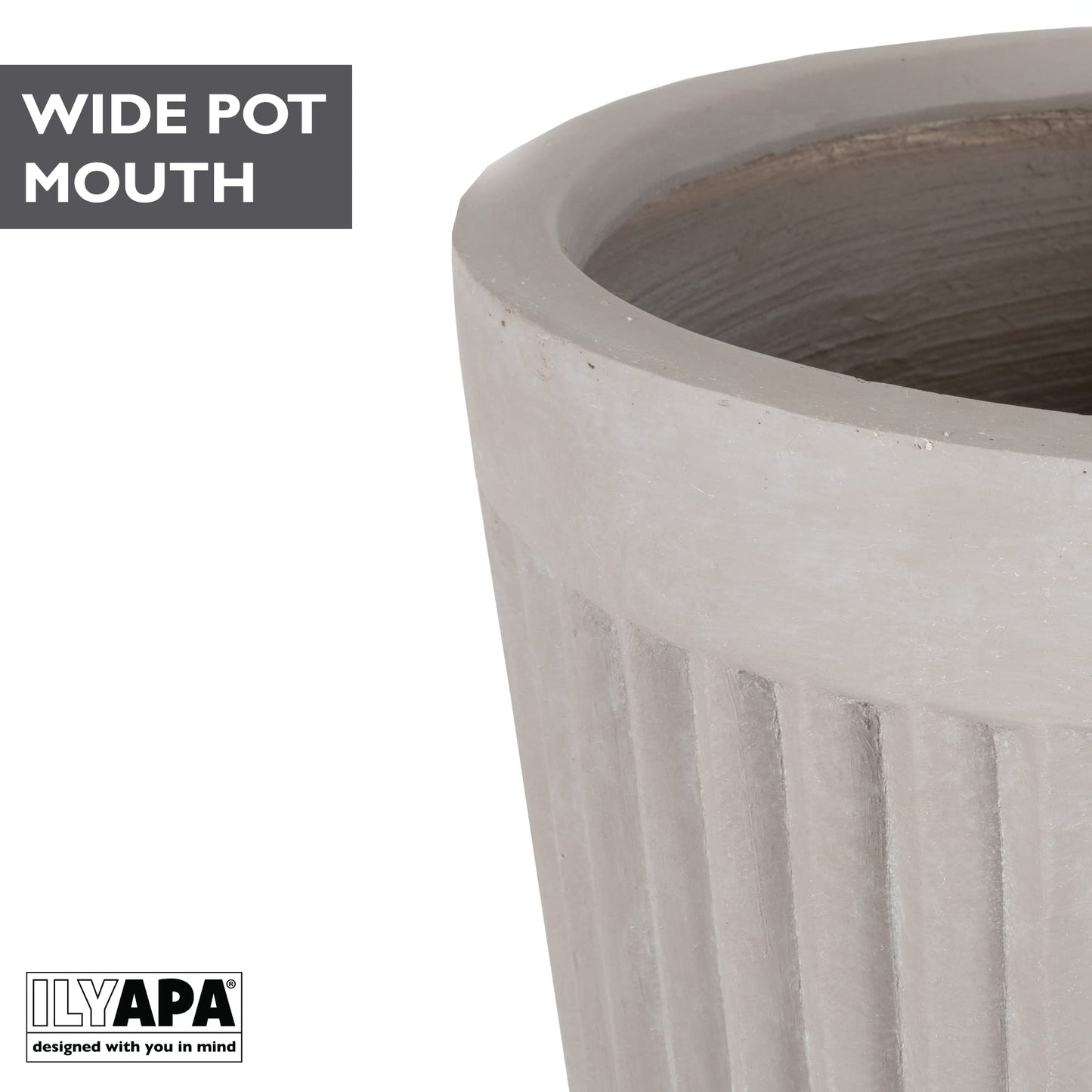 Ilyapa 14x14 inch Fluted Large Modern Concrete Outdoor Planter, Large Indoor Plant Pot with Drainage - 14 Inch Pots for Plants, Indoor/Outdoor