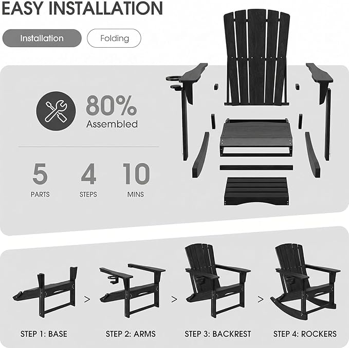 Adirondack Rocking Chair with Retractable Ottoman Set of 2, Outdoor Folding