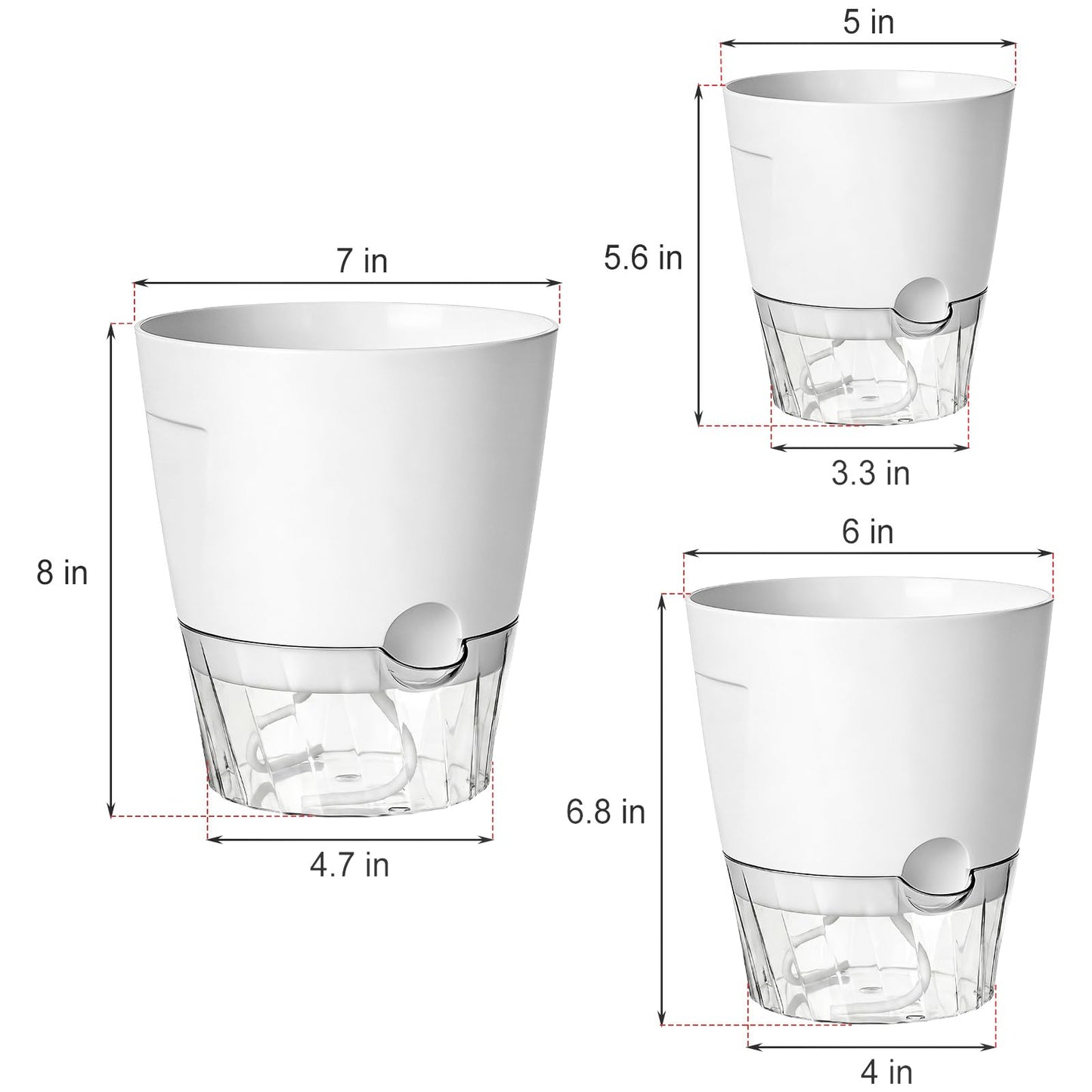 Hayder 5/6/7 Inch Self Watering Pots for Indoor Outdoor Plants 6 Pack, Plastic Planter with Drainage Holes, Water Level Indicator & Deep Clear Reservoir, Modern Decorative Flower Pots