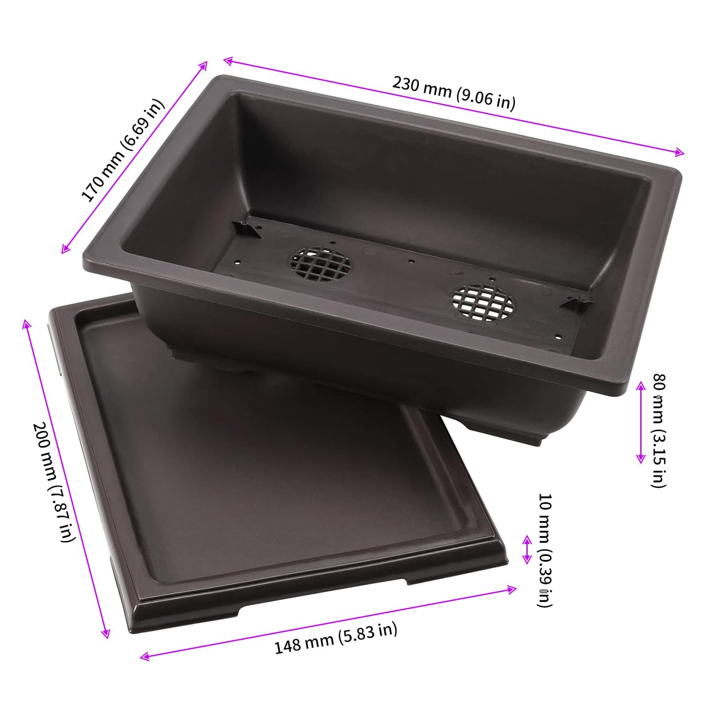 JEUIHAU 16 Pack 9 Inch Bonsai Training Pots with Tray, Rectangular Plant Pot with Drainage Hole, Brown Bonsai Tree Pot, Plastic Bonsai Planter Pots for Succulent, Herb, Flower, Potted Plant