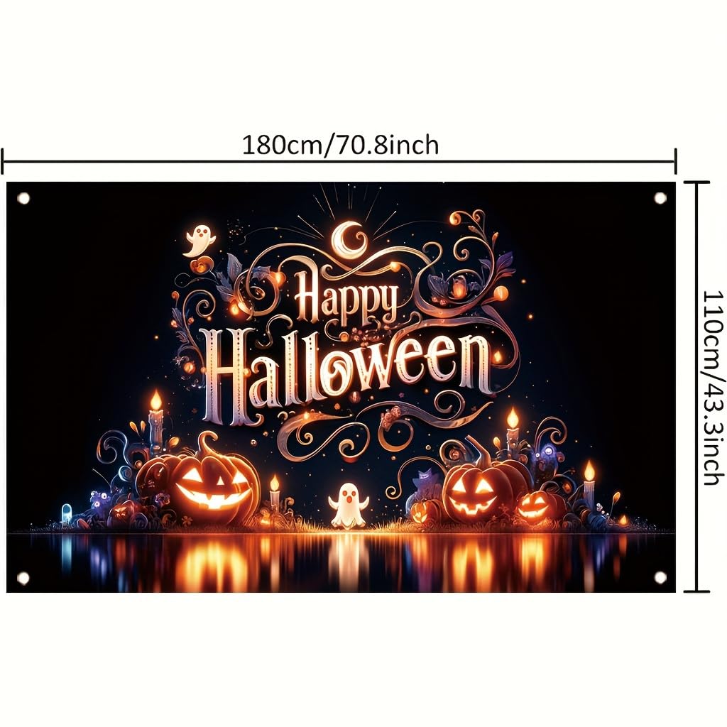 Tomhong Halloween Pumpkin Ghost Light 71x43 Inch Large Party BannerSpooky Jack O Lantern Haunted House Wall Hanging for Trick or Treat Night Indoor OutdoorHoliday Decoration