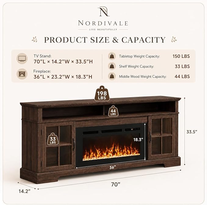 70" Fireplace TV Stand, Modern Entertainment Center