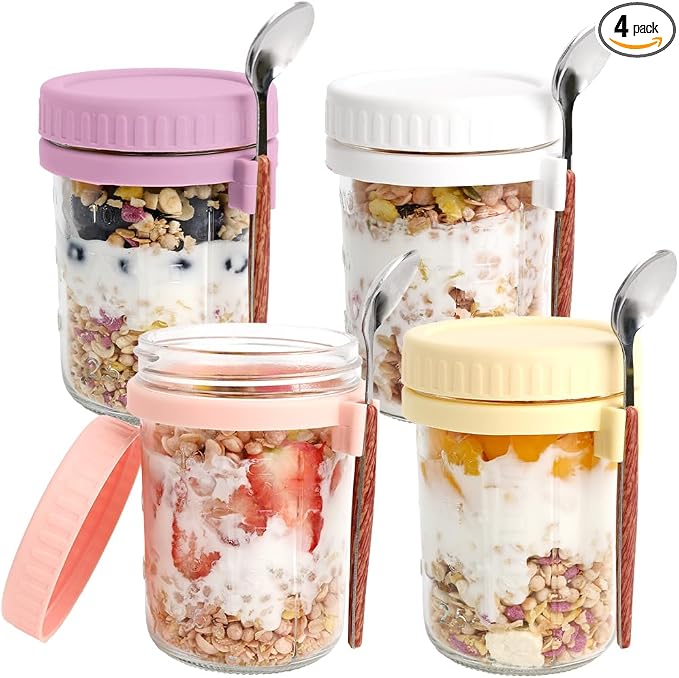 SUROQUE Overnight Oats Containers with Lids and Spoons - 4 Pack 16oz Glass Mason Jars, Leakproof Meal Prep Storage