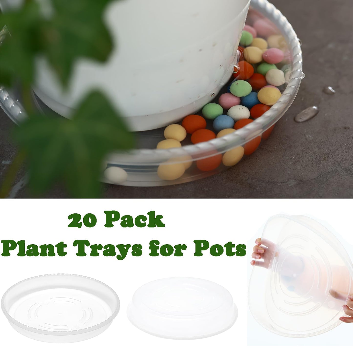 KvyusFlourish 20 Pack 10 Inch Clear Plant Saucers Plastic Drip Tray for Plant Pots Plant Trays for Pots Flower Pot Saucers for Indoors Outdoors with Glove, White