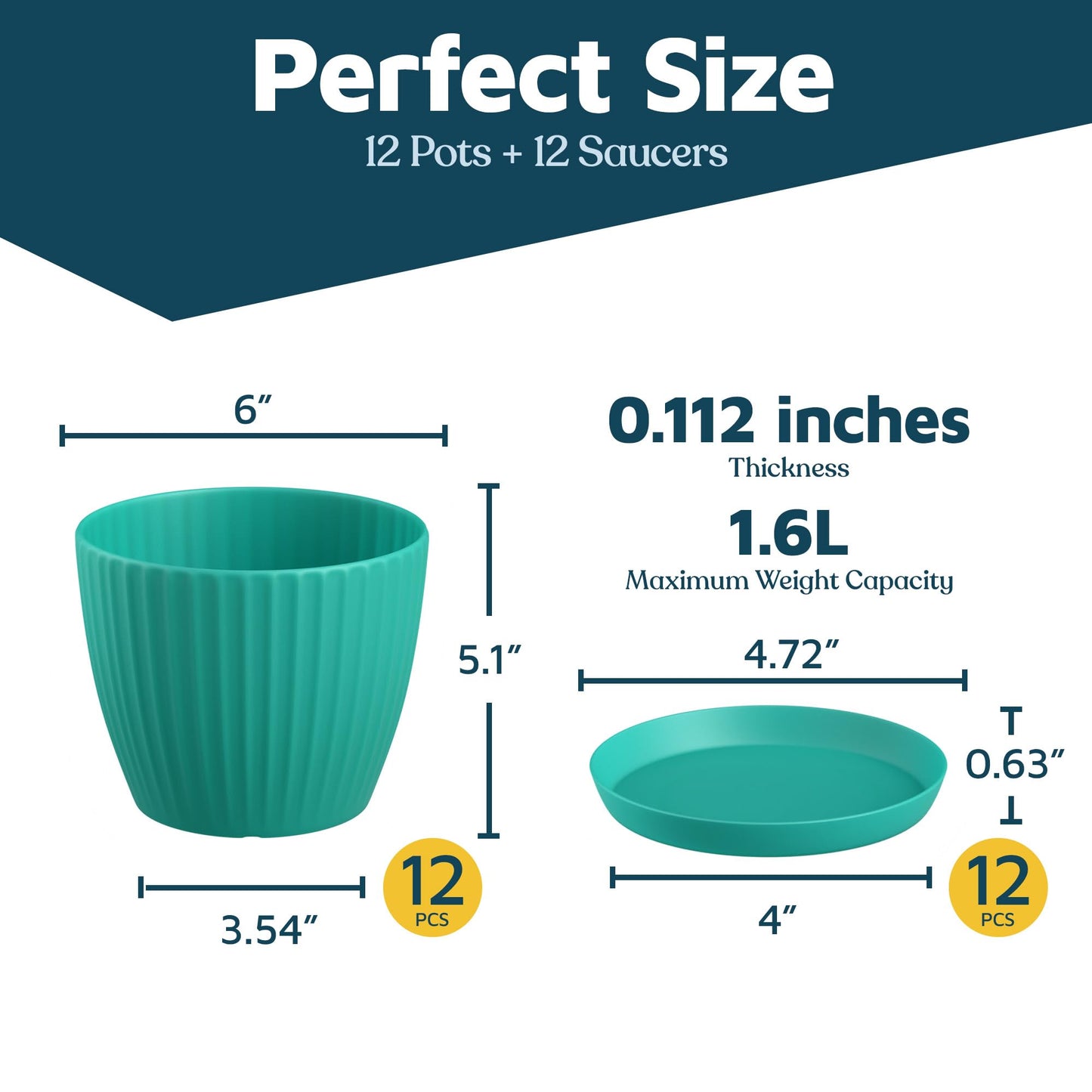 Aqua 6-Inch Plant Pots with Drainage & Saucers 12 Pack, Indoor & Outdoor Planters for Houseplants, Herbs, and Flowers, Durable & Weatherproof Material, Stackable, Lightweight, Minimalist Design