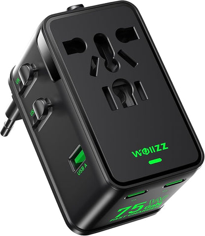 Wollzz 75W Tiny Universal Travel Adapter, GaN Fast Charging European Power Adapter with 5 Ports (1 AC, 1 USB-A, and 3 USB-C), Plug Adapter with Smart Chip for Over 200 Countries, PD&QC Charger