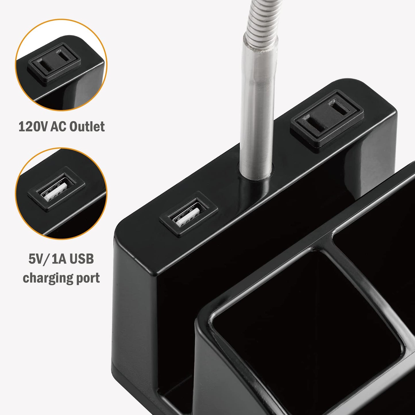 LED Desk Lamp with 1 USB Charging Port and 1 AC Outlet, Organizer Base, Adjustable Neck, On/Off Switch, Modern Table Lamp for Reading, Working, Studying, Gentle Warm White Light, Eye Protect(Black)