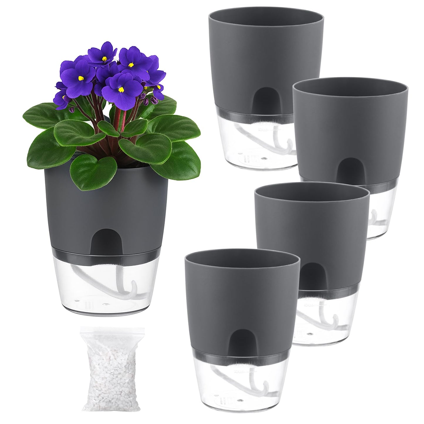 5 Pack Self Watering Pots for Indoor Plants, PlanterHoma 4 Inch Plant Pot Plastic Self Watering Planter for Orchid, African Violet, Small Clear Flower Pots with Drainage Holes and Wicking Rope, Grey