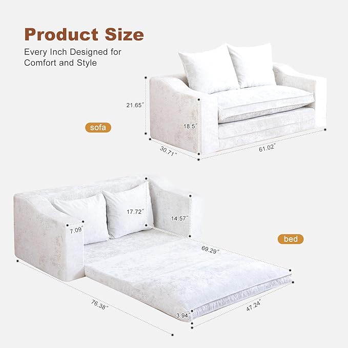 61" Convertible Sofa Bed Loveseat, Memory Foam Boneless Floor Couch