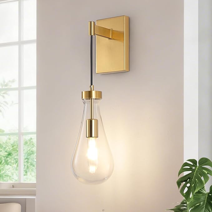 BELS 17inch Gold Wall Sconce, Modern Raindrop Shade Wall Light, 3000K Warm Light, E26, Hardwire Wall Light Fixtures for Living Room, Bedroom, Dining Room, 1 Pack(Bulb Included)