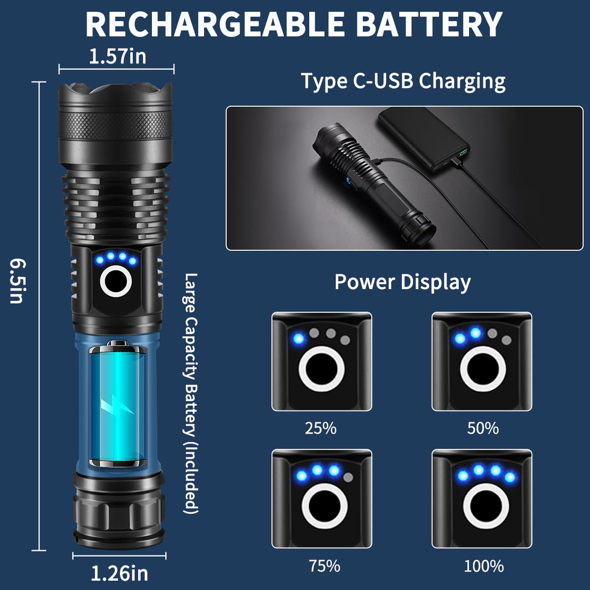Flashlights High Lumens Rechargeable, 2Pack Rechargeable Flashlights, Super Bright Flashlight, 5Mode Tactical Flashlights High Lumens, LED Flashlight High Powered, Waterproof Flash Light LED