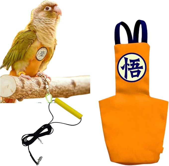 MANON ROSA Bird Diapers Leash Set Washable Reusable Handmade Flight Suit Waterproof Inner Layer - Protective Parrot Nappy Clothes Parakeets Macaws Budgies Canaries (Orange1,Lovebird)