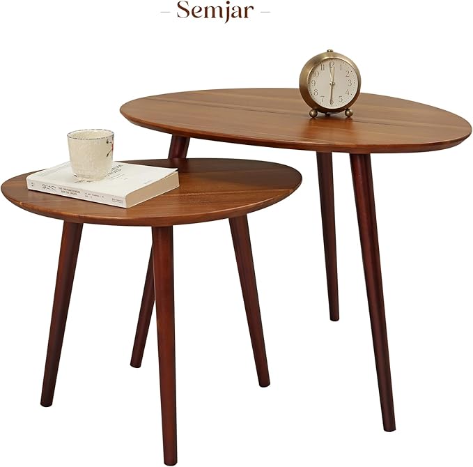 Small Oval Coffee Tables Set, Acacia Wood Nesting Tables（25.6"x17.7"+17.7"x13.4"