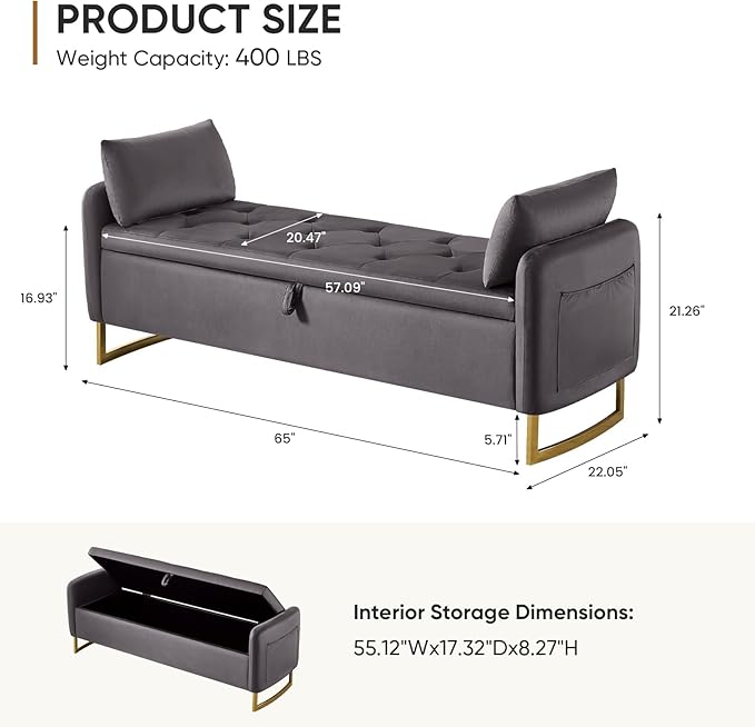 65" End of Bed Storage Bench, Modern Storage Benches