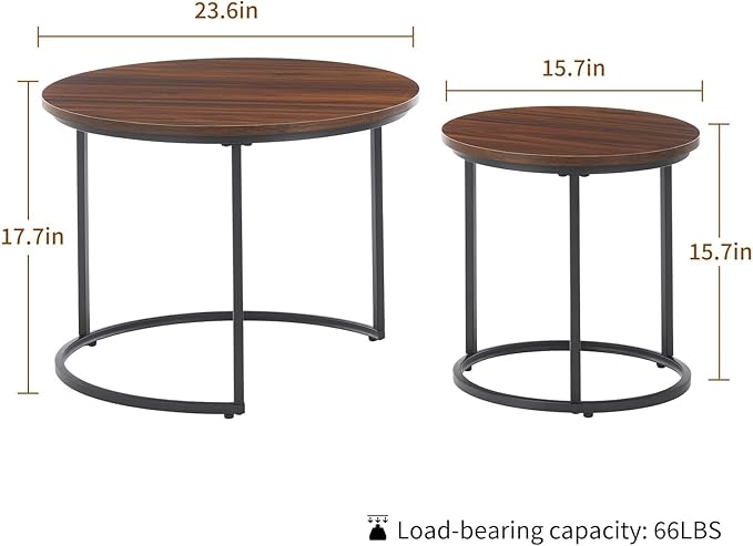 Round Nesting Coffee Table Set of 2, Modern Marble Pattern Wooden Nesting Tables