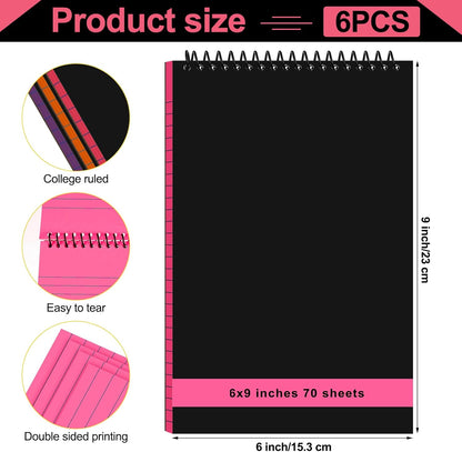 6 Pcs Legal Pad Top Spiral Bound Notebook 70 Sheets Wirebound Notepad Double Sided Ruled Memo Steno Pad with Stiff Back Cover for Business(6 x 9 Inches,No Holes,Rainbow Color)