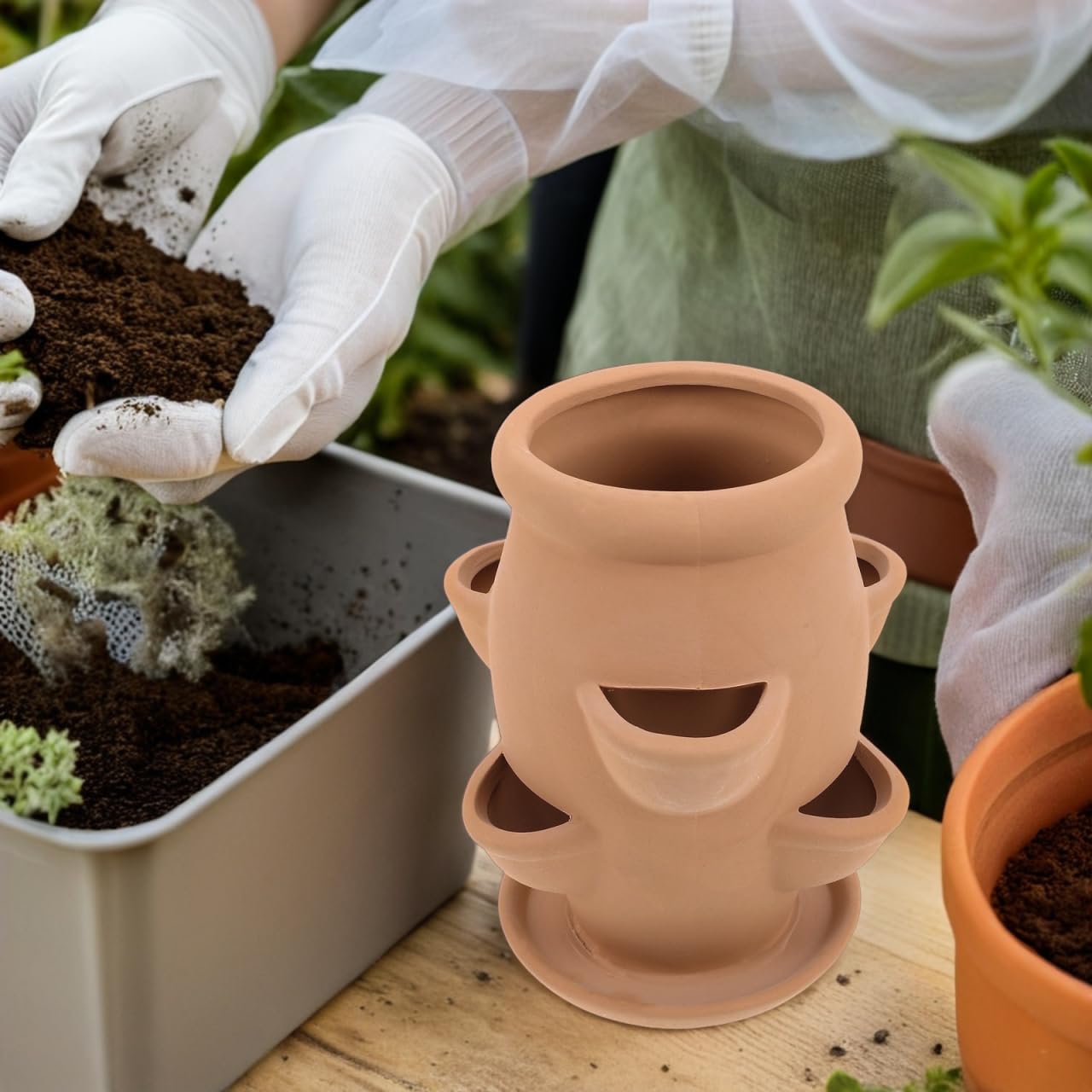 POPETPOP Strawberry Tower Planter : Multi Pocket Strawberry Terracotta Planter Pot Smart Plant Pot for Succulents Flowers, 7.47X5.89X5.89in