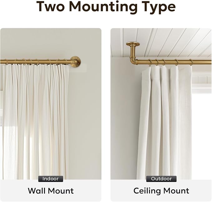 Zeerobee Curtain Rods for Windows 32 to 48, 1 Inch Industrial Wrap Around Warm Gold Curtain Rod, Indoor/Outdoor Room Divider Adjustable Drapery Pole, 32"-48"