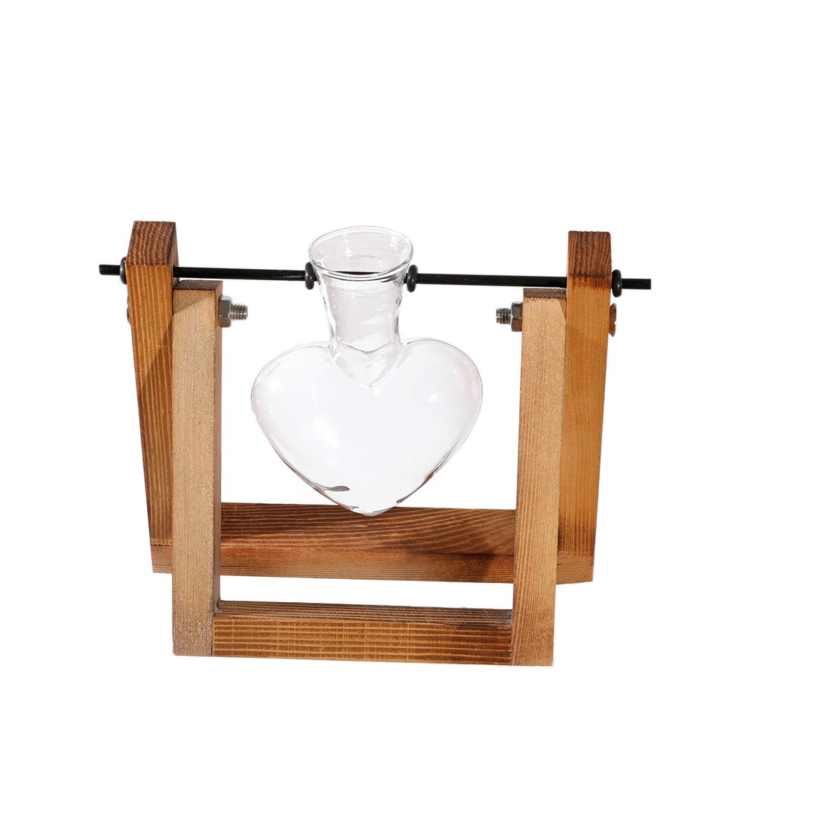 Kingbuy Terrarium with Wooden Stand, Desktop Propagation Station, Air Plant Holder, Metal Swivel Holder for Hydroponics, Home Garden, Wedding Decor - 1 Hearted Vase