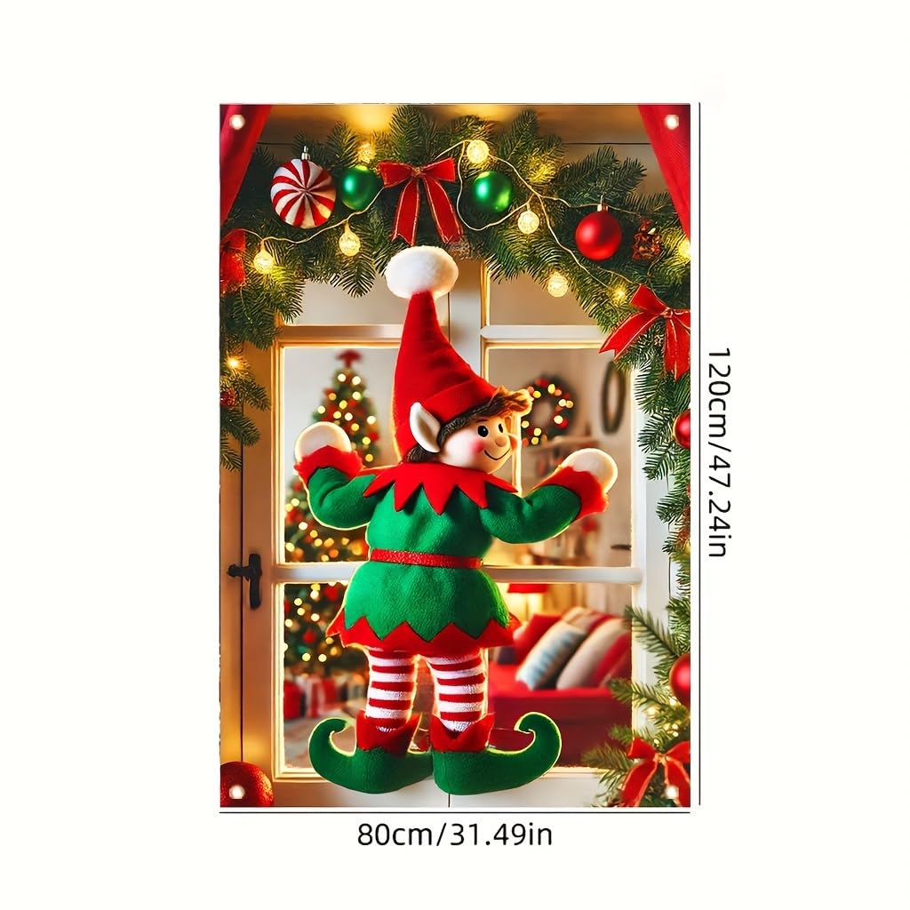 Tomhong Christmas Elf Window Banner 31x47 Inch Holiday Decoration Snowy Scene with Garland and Lights for Indoor Outdoor Home Wall or Window Display Cozy Christmas Decor