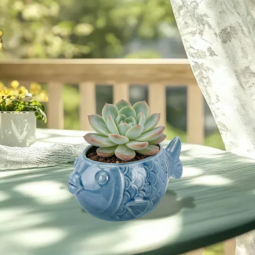 SUNNYCLUE Ceramic Succulent Pot Fish Ceramic Pot with Drainage Hole Ocean Series Summer Sea Hawaii Blue Flower Vase Bonsai Cactus Planters for Indoor Outdoor Plants Office Home Garden Decorations
