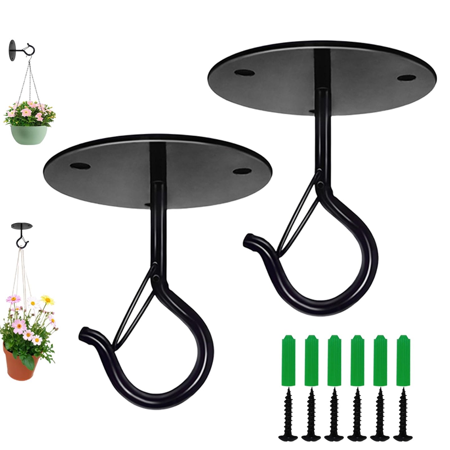Taeekiy Ceiling Hooks for Hanging Plants Holder with Safety Buckle,Ceiling Decor Hook Heavy Duty,Metal Plant Hanger Indoor&Outdoor.Hooks for Hanging Plants,Wind Chime,Bird Feeders (Black, 2PCS)