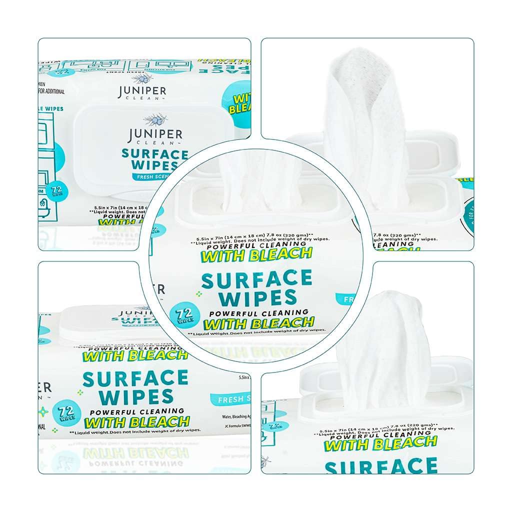 Juniper CLEAN 6 Pack Surface Cleaning Wipes with Bleach, All-Purpose Cleaner for Bathroom, Kitchen, Office, 72 Count Soft Flow, Fresh Scent, Lint Free & Durable