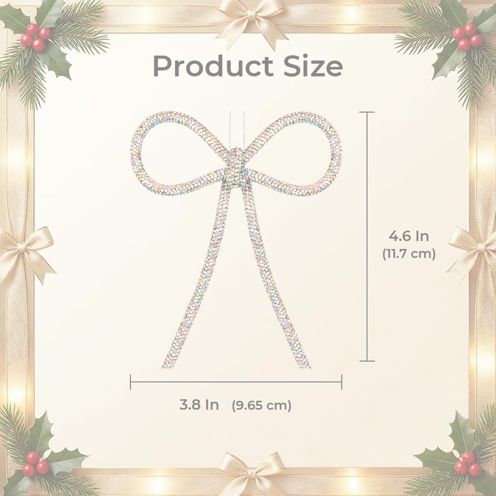 XMIAOX 3 Pcs Handmade Rhinestone Bow Christmas Ornaments, Sparkling Shapeable Bows for Holiday Tree, Wreath & Gift Wrapping, Reusable Holiday, Home, Party Décor (Iridescent, Small)