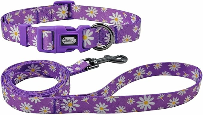 Dog Collar Leash Set, Floral Pattern, Polyester Material, Adjustable Collar and 5ft Matching Leash, for Large Dogs.(L, Purple Daisy)
