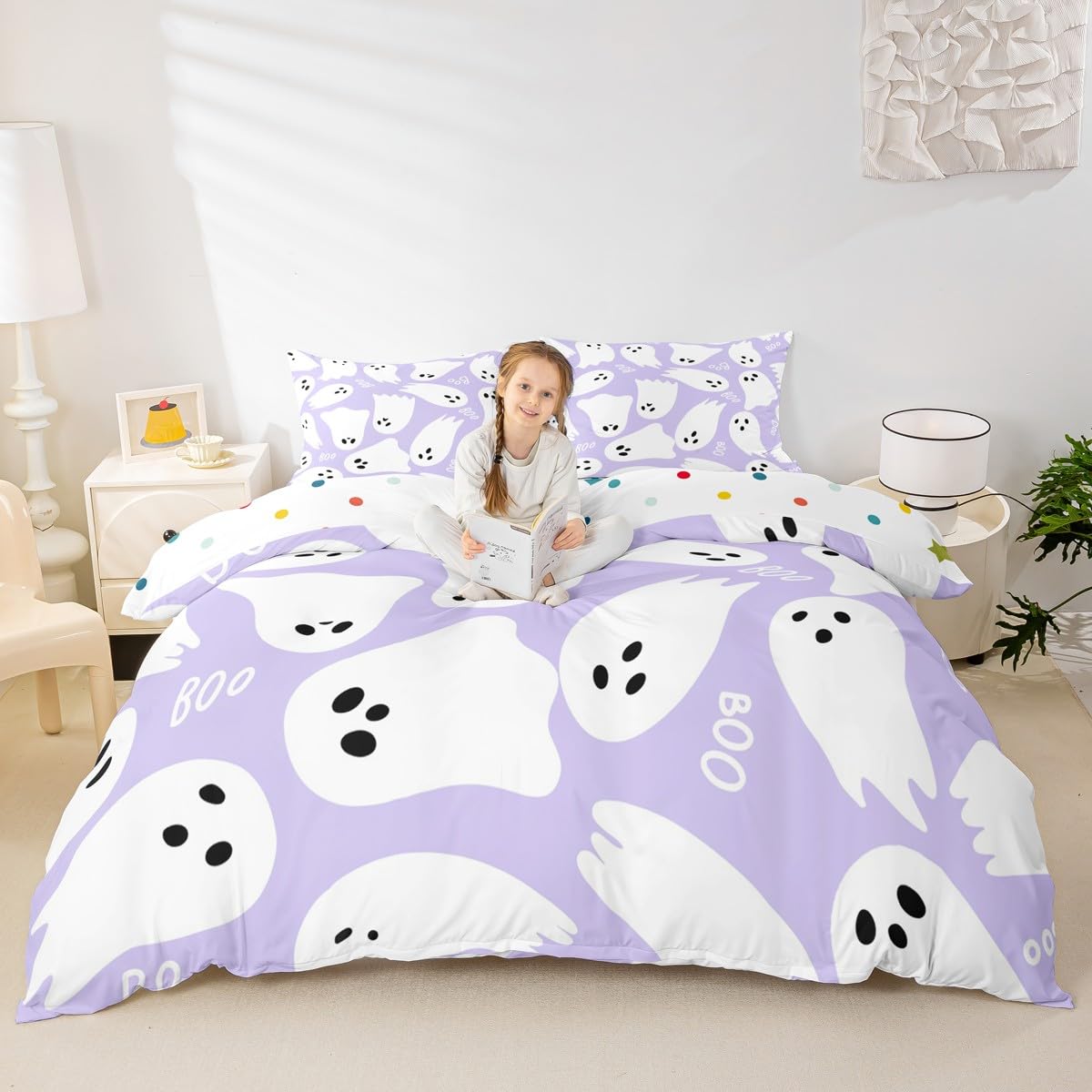 Purple Cartoon Style Duvet Cover Queen Size Halloween Theme Comforter Cover with 2 Pillowcases for Teens Adults Kawaii Ghost Bedding Set 3 Pcs Decorative Bed Cover(No Filler)