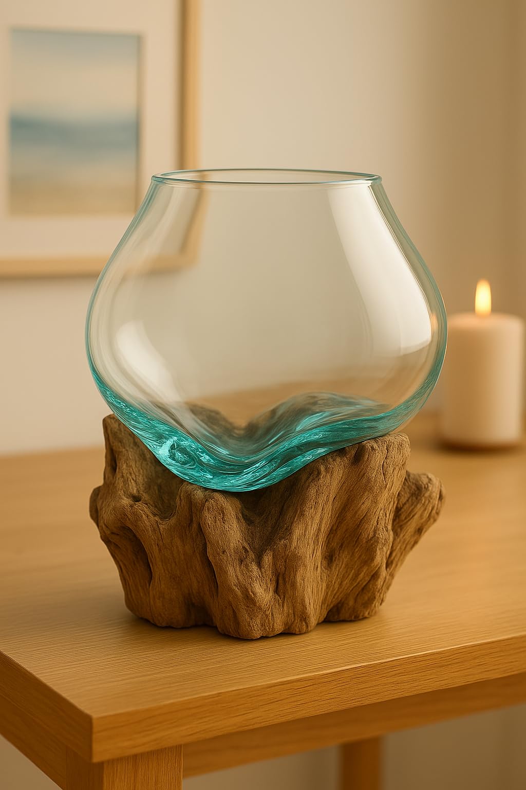 OMA Molten Glass on Driftwood – Hand-Blown Melted Glass Vase, Terrarium, or Planter for Coastal & Boho Home Décor (6"–7" High)