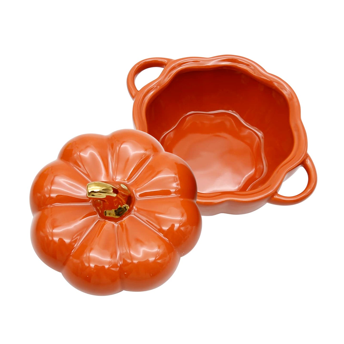 LIDSCURA 15 Oz Orange Ceramic Pumpkin Soup Bowl with Lid, for Halloween & Thanksgiving Soup Serving, Oven Safe Ceramic Stew Pot Pumpkin Shape Storage Jar, Double Ear Pumpkin Dessert Bowl for Tableware