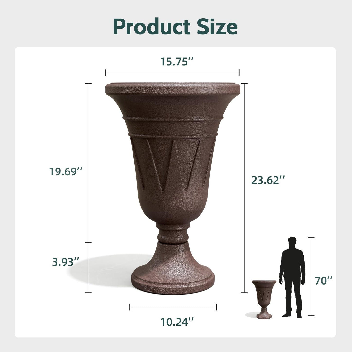 Trygoal 23.6" Tall Plastic Urn Planters for Outdoor Plants, Set of 2 Heavy-Duty Classic Indoor Large Flower Pots with Drainage Holes & Trophy Design, Outdoor Planters for Porch, Home Garden, Brown