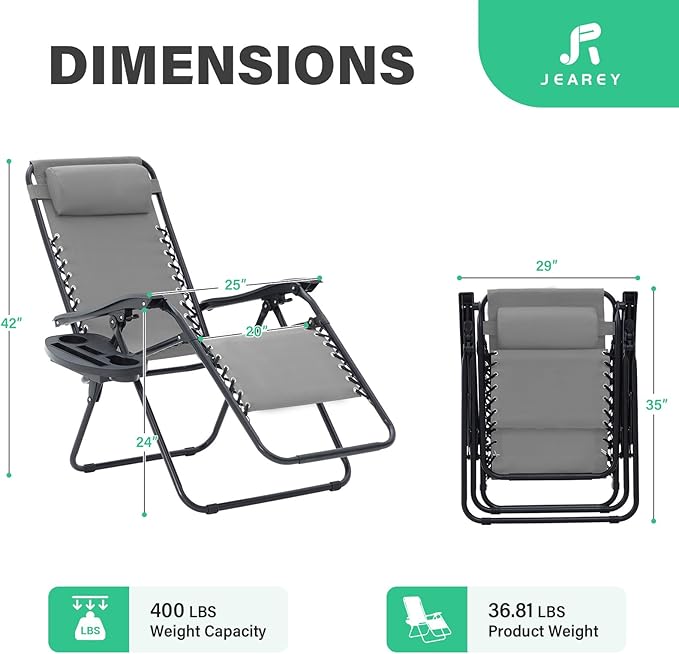JEAREY Zero Gravity Lounge Chairs Set of 2, Adjustable Steel Mesh Recliners