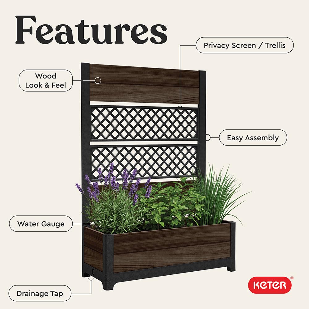 Keter Outdoor Planter Box with Privacy Screen and Trellis – 26 Gallon Raised Garden Bed for Climbing Plants & Flowers – Wood-Look Resin, Weather-Resistant Divider for Patio, Balcony & Backyard