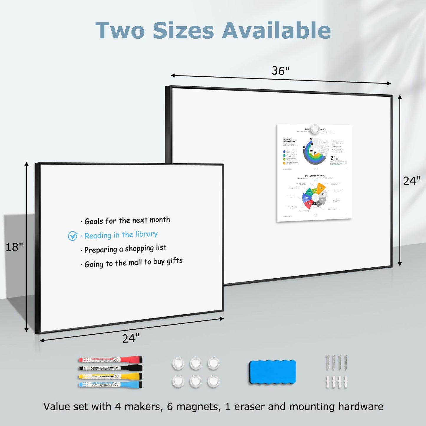 QUEENLINK Magnetic Whiteboard, 24"x18" Dry Erase White Board for Wall, Hanging Presentation Board for Home, Office, School, Black Aluminum Frame