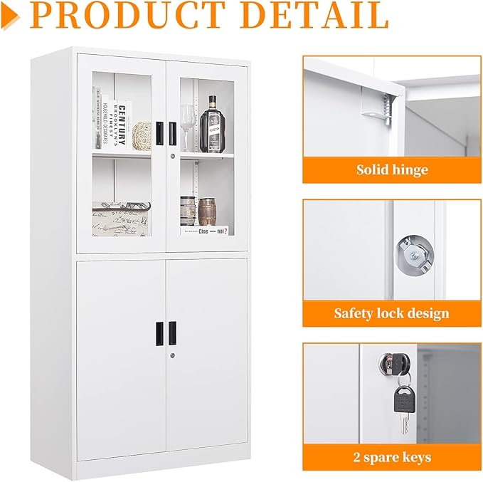 Metal Storage Cabinet with Doors and Shelves, 2 Adjustable Shelves, 4 Doors