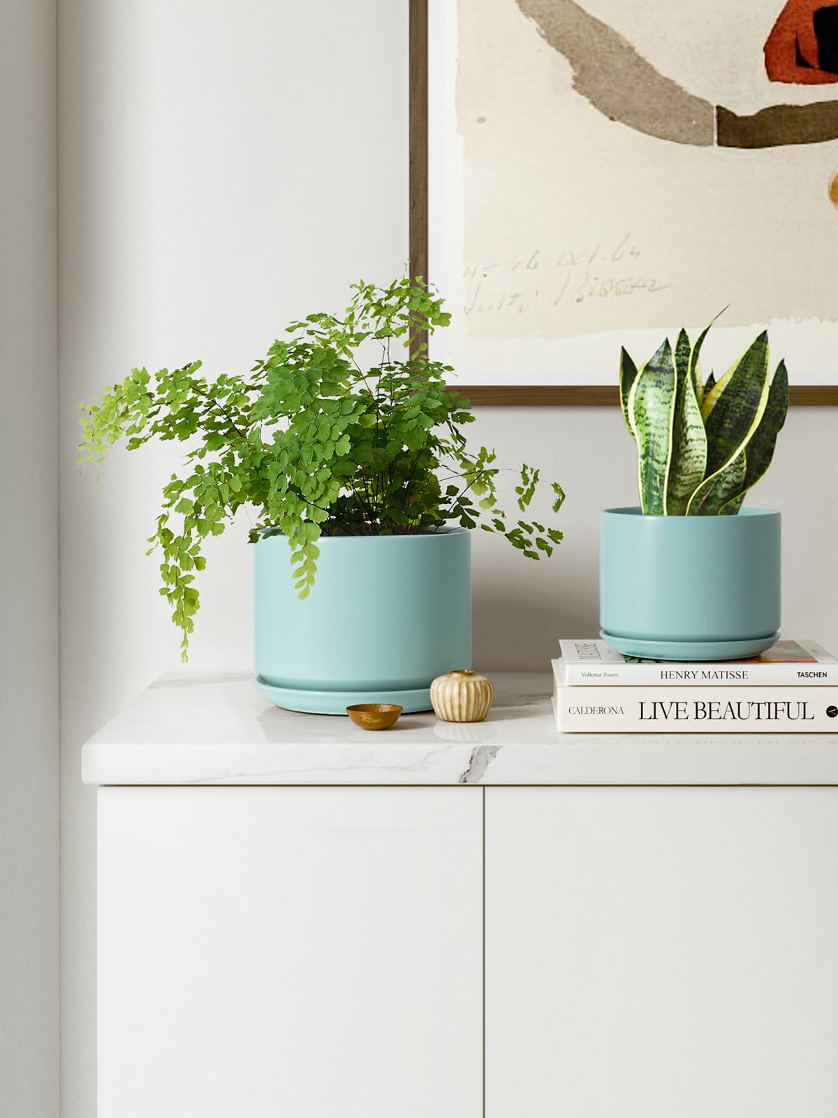LE TAUCI Ceramic Plant Pots, 4.3+5.3+6.8 inch, Set of 3, Planters with Drainage Hole and Saucer, Indoor Flower Pot with Hole Mesh Pad, Gifts for Mom, Aqua