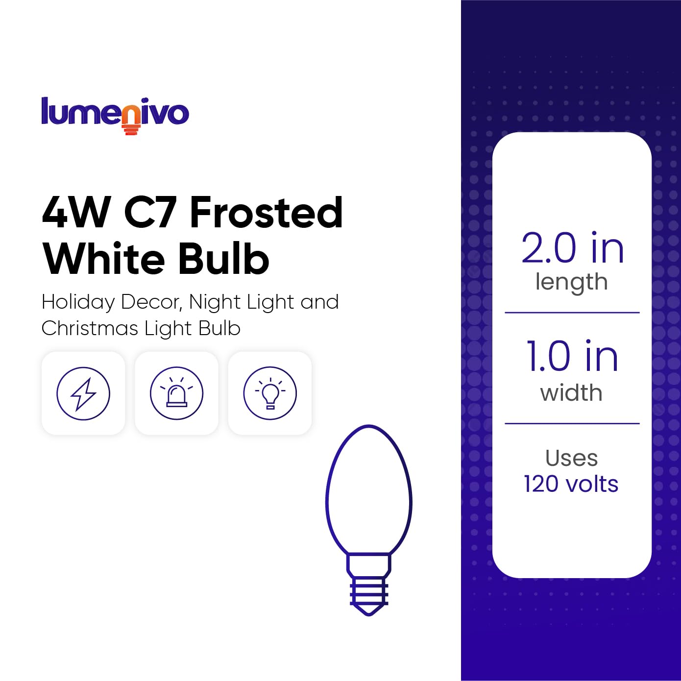 lumenivo 4W Replacement C7 Frosted White Bulb 120V Incandescent Light Bulb for Holiday Decor, Small Night Light, Baby Showers, Christmas Bulbs - E12 Candelabra Base - 2 Pack