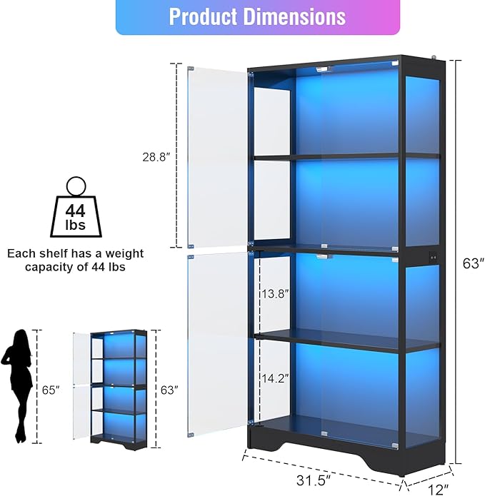 knoworld Display Cabinet with Glass Doors, 4-Tier Glass Display Case with 15mm