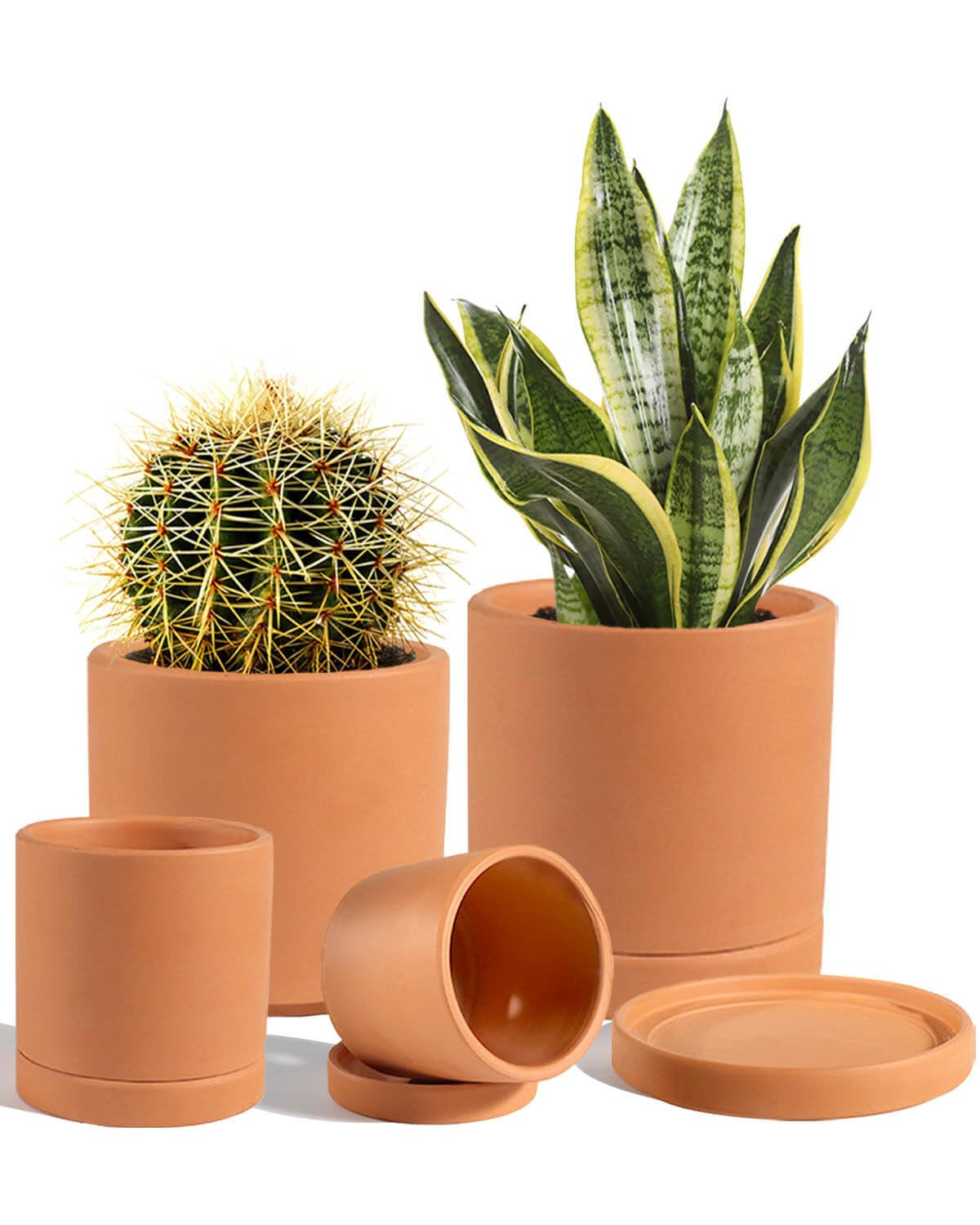 vensovo Terracotta Pots with Drainage and Saucers - 3.5/4.2/5.2/6.0 Inch Clay Planters Set of 4, Round Cylinder Flower Pots for Succulents, Herbs, Indoor Outdoor Plants