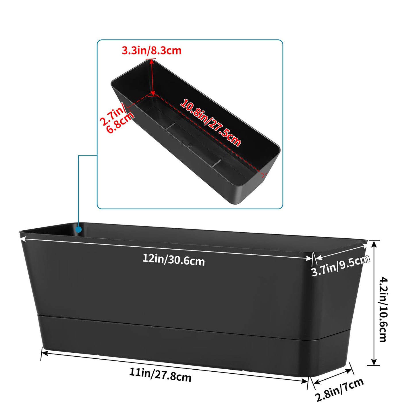 Sanbege Window Box Planter with Tray, 12" Rectangle Plant Pot, Pack of 3 (Black)