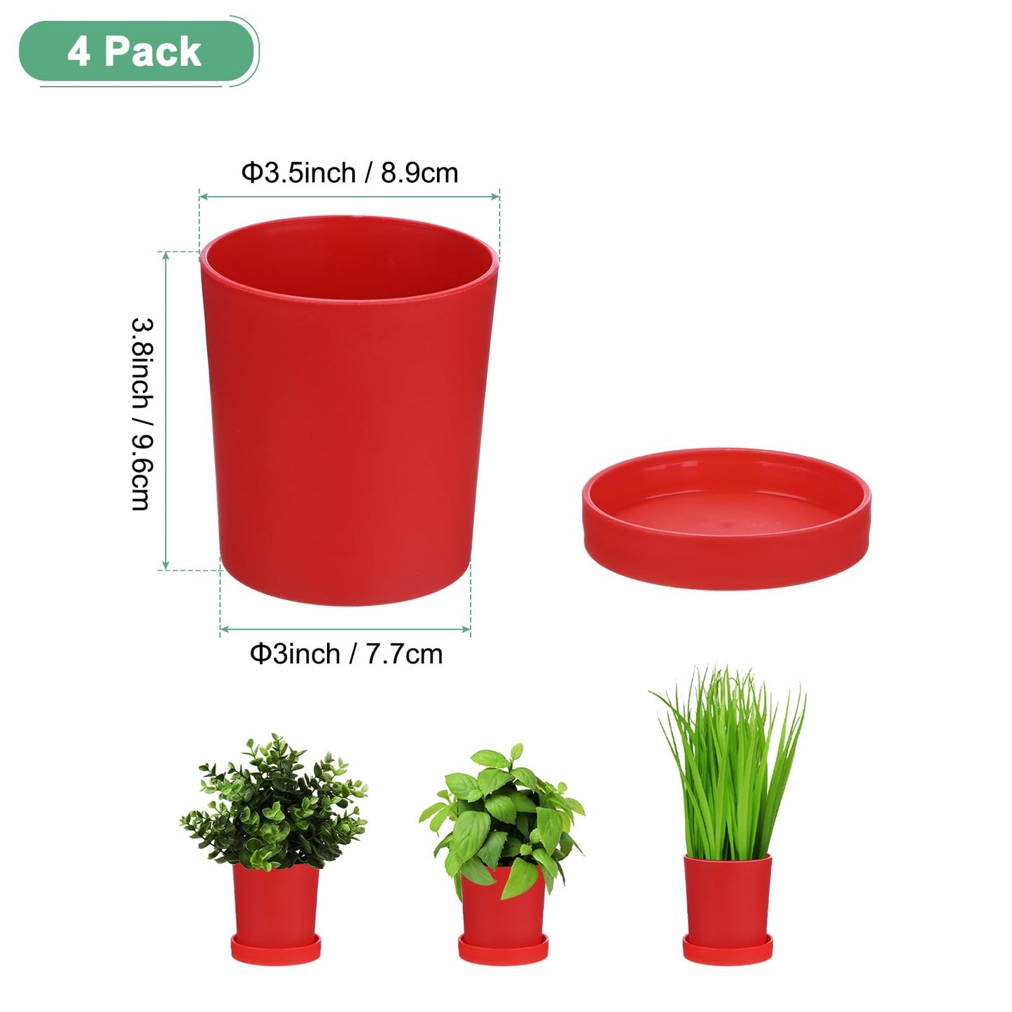 M METERXITY 4-Pack Plant Pots, 3.5 Inch Plastic Flower Pots with Drainage Holes for Cactus/Succulents Pot/Small Plants/Home/Garden, Planters for Indoor Plants [Red]