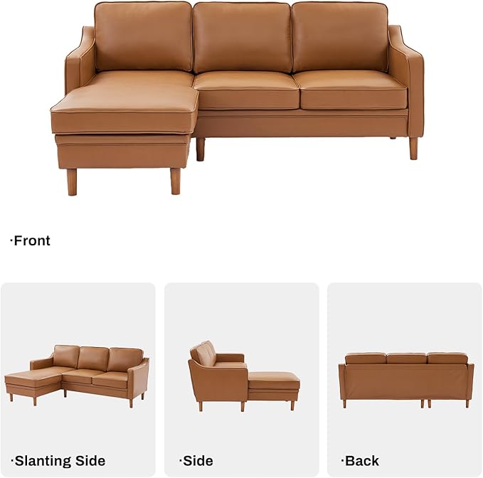 Kingfun 88" L-Shape Sofa, Faxu Leather Sectional Couch, Mid Century Modern