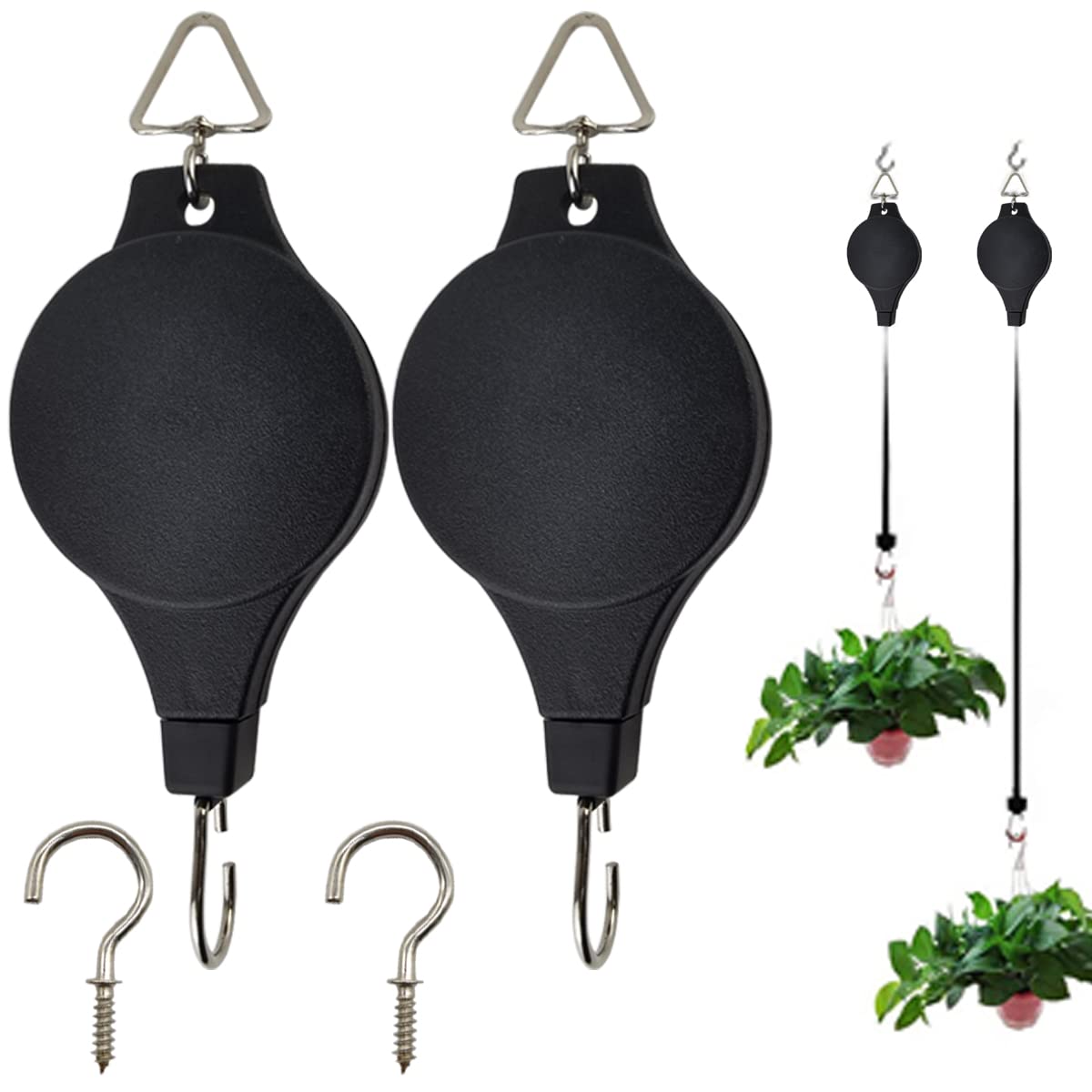 GXXMEI 2PCS Retractable Pulley Plant Hanger with 2PCS Ceiling Hooks Plant Pulley Hanging Flower Basket Hook Hanger for Garden Baskets Pots and Birds Feeder in Different Height