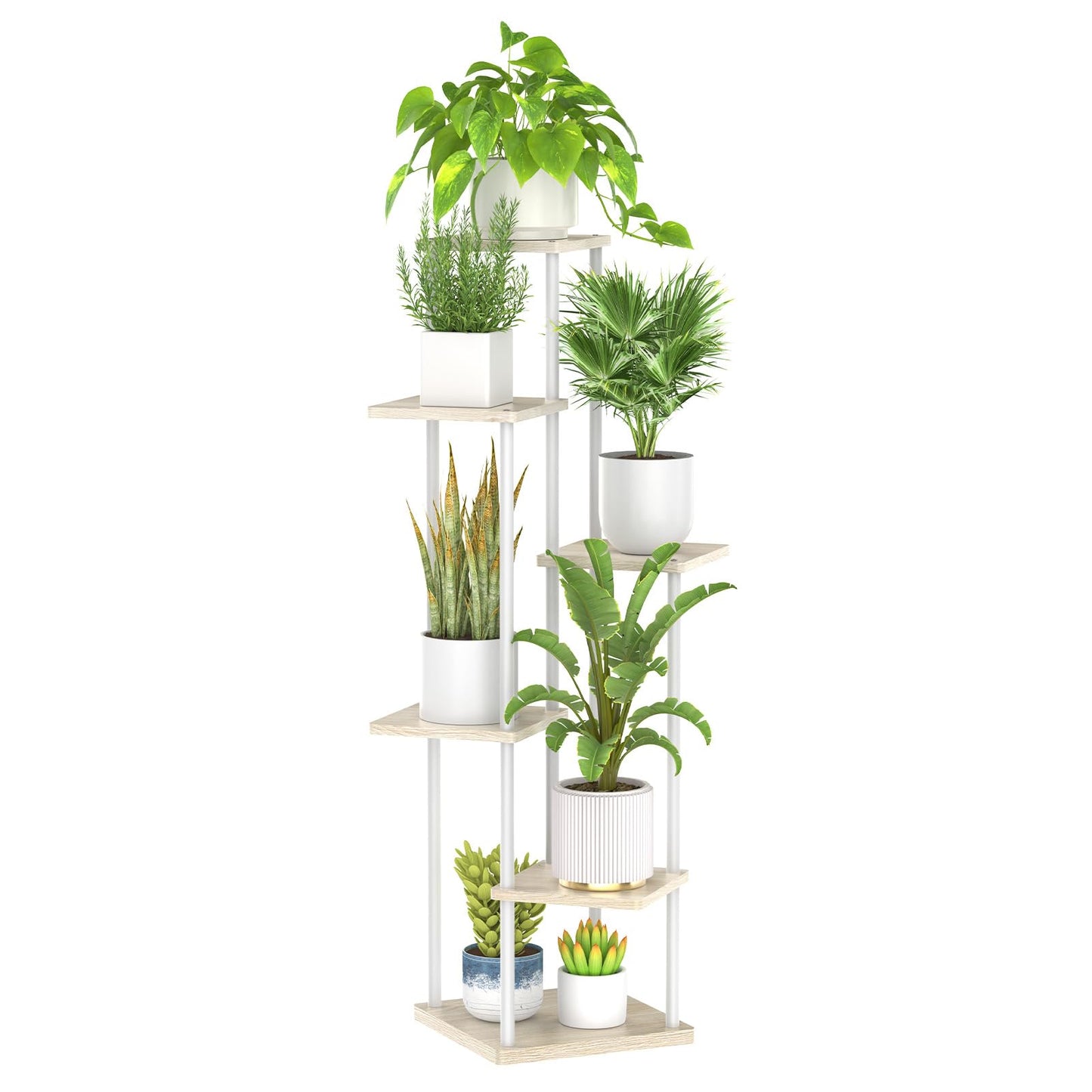 Oppro 6 Tier Tall Plant Stand Indoor, Large Metal Wood Muti Level Vertical Planter Shelf Orchid Holder for Narrow Corner, Sturdy Heavy Duty Flower Display Rack for House Decor Living Room Bedroom, White