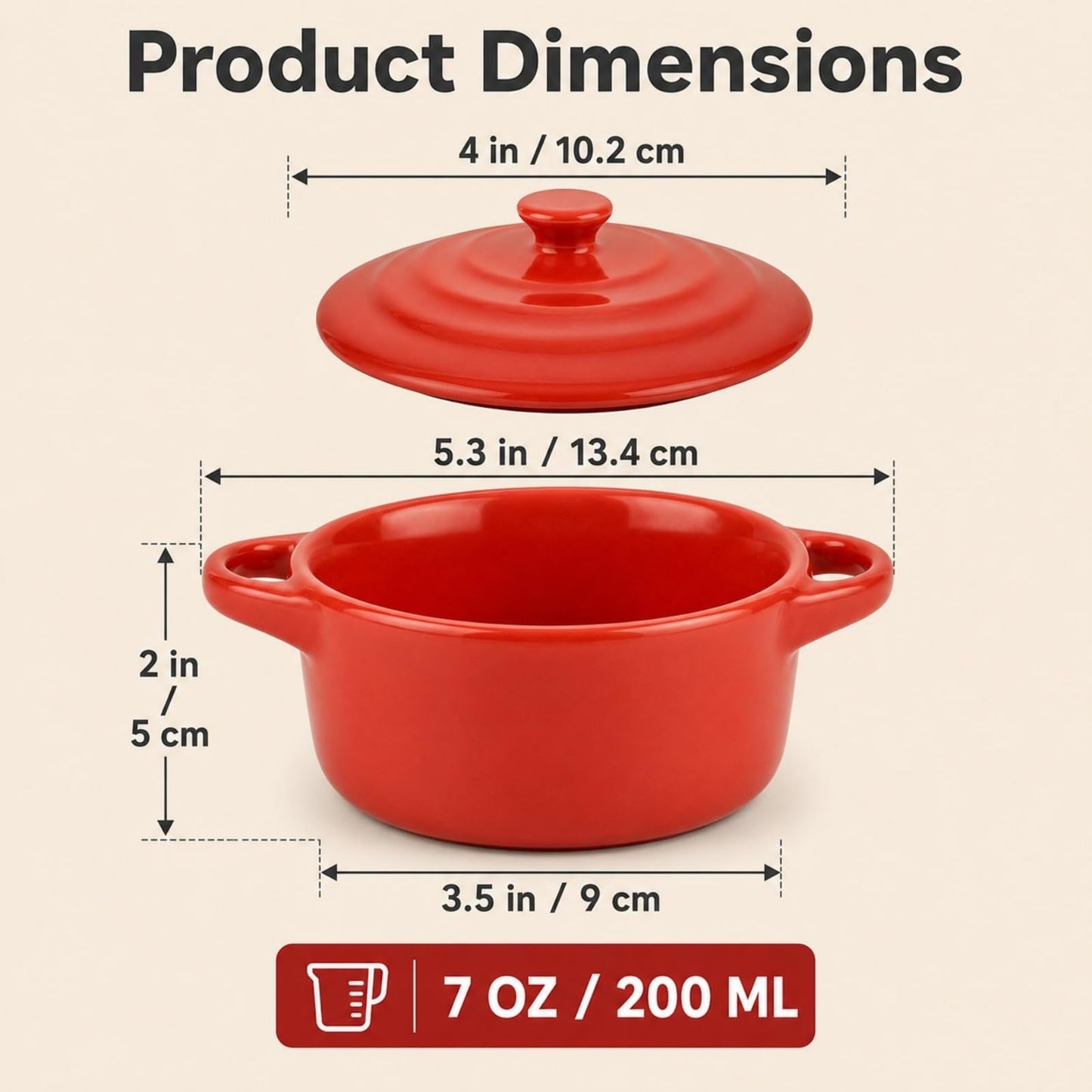 RHBLME 6 Pack French Onion Soup Bowls, 7 Oz Ramekins Oven Safe Mini Cocotte, Red Ramekins with Lids Oven Safe Soup Bowls for Creme Brulee, Pot Pie, Lava Cakes, Pumpkin Soup
