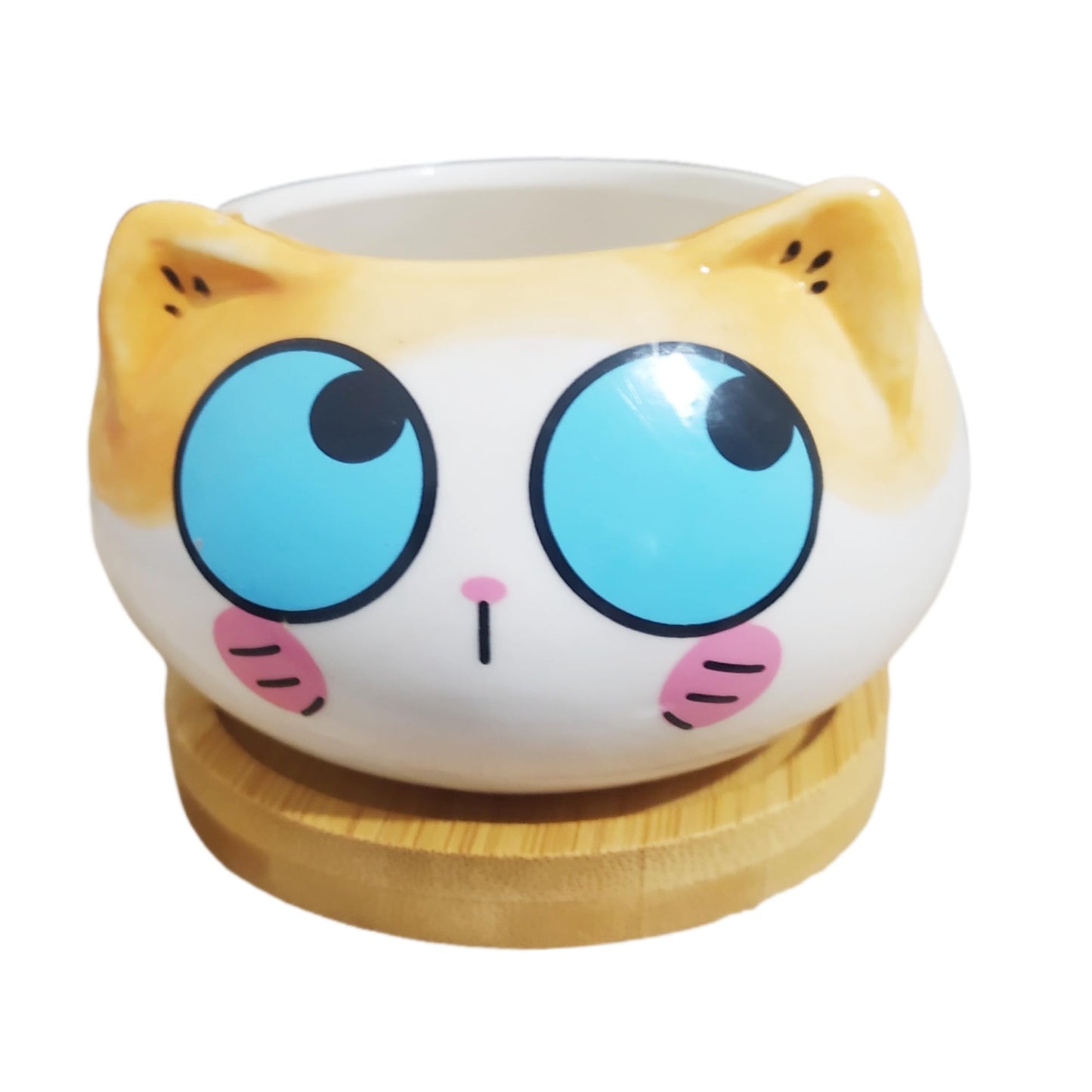 Cuteforyou Cute 3.5 Inches Indoor Cartoon Animal Cat Shaped Ceramic Succulent Cactus Flower Plant Pots with Bamboo Tray-Plant Not Included (Blue Eyes)
