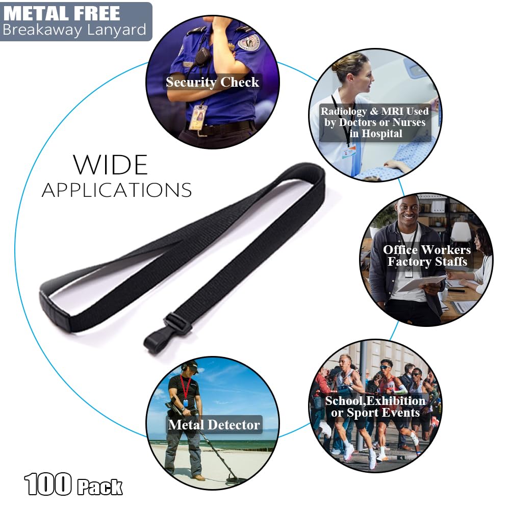 BETOOM 100 Pack Bulk Polyester Breakaway Lanyards with Plastic No Twist Clip & Safety Breakaway Clasp-Great for Radiology-School Hospital-MRI Safe-Neck Strap I.D. Badge Holders 36”(Black)